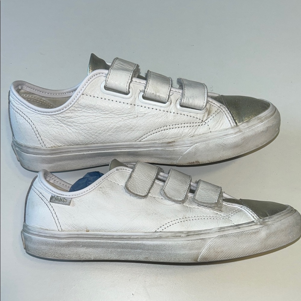 VANS White and Silver Leather Sneakers with Velcro Straps